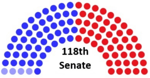 graphic illustrating the seats in the 118th senate: 49 republicans illustrated by red circles, 47 democrats illustrated by dark blue circles, and 4 independents caucusing with democrats illustrated by light blue circles.